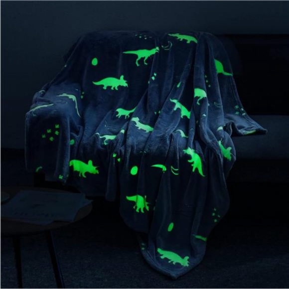 Glow in The Dark Dinosaur Throw Blanket Blue NEW - Picture 7 of 8